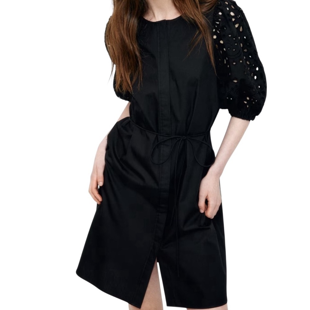 H&M Black Midi Dress with Eyelet Sleeves
